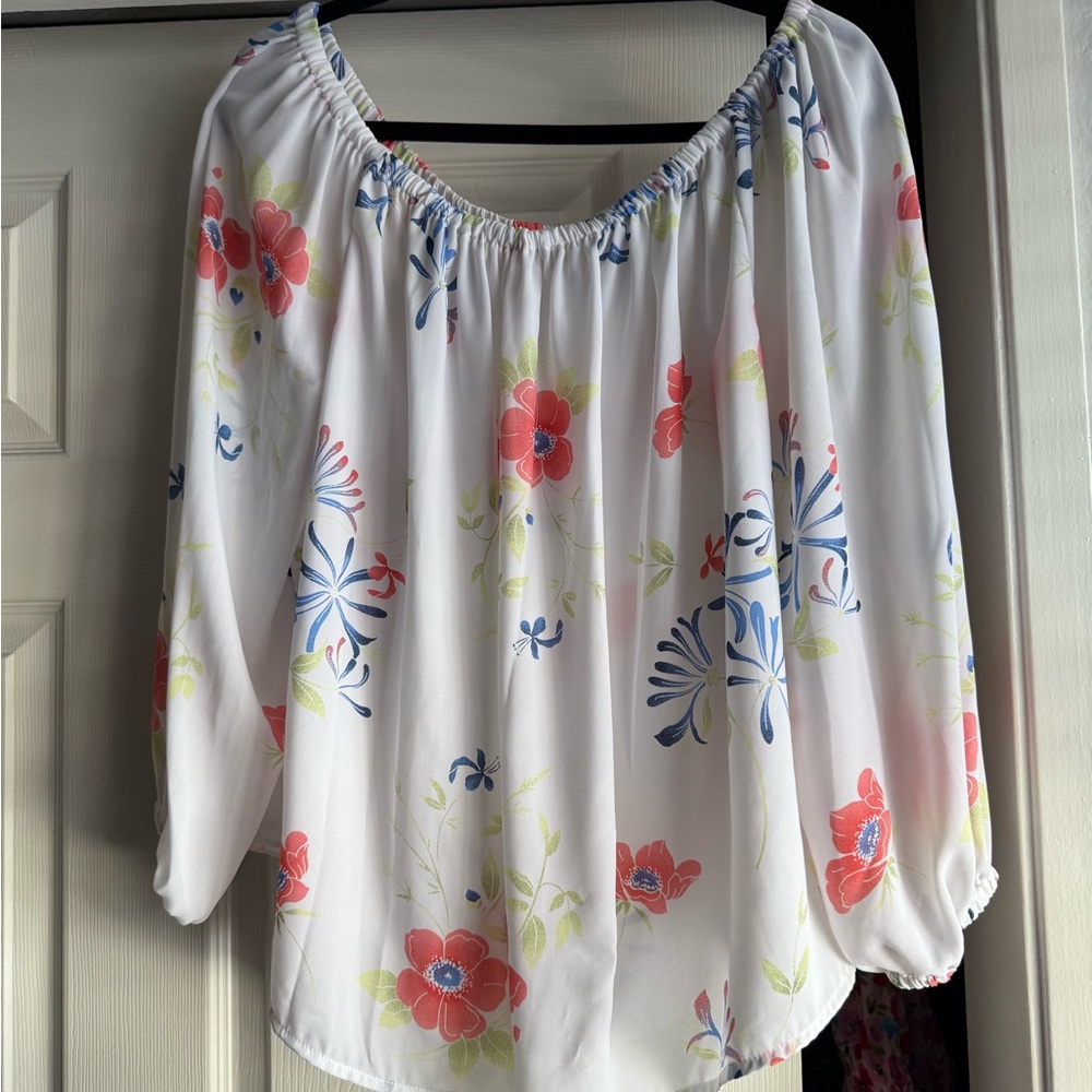 GAP White Floral Blouse with Coral and Blue Accents